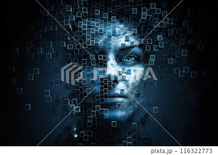 portrait of a woman with 3D cubes and shapes, and particles around her face, symbol of augmented reality and computer technologies of future, concept of cybernetics, biomechanics and robotics portrait of a woman with 3D cubes and shapes, and particles around her face, symbol of augmented reality and computer technologies of future, concept of cybernetics, biomechanics and robotics 116322773
