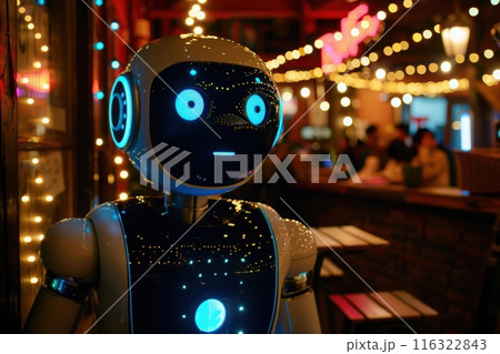 A futuristic robot stands at a bar, observing the bustling evening crowd. A futuristic robot stands at a bar, observing the bustling evening crowd. 116322843