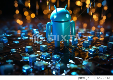 digital computer robot android in a space of holographic elements and lights, abstract background, cyber future, digital art concept digital computer robot android in a space of holographic elements and lights, abstract background, cyber future, digital art concept 116322848