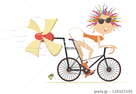 Cartoon cycling woman. Smiling young cyclist woman on the bike tries to ride faster using a propeller. Isolated on white background Cartoon cycling woman. Smiling young cyclist woman on the bike tries to ride faster using a propeller. Isolated on white background 116323105