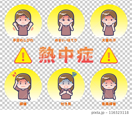 様々な熱中症症状の中年女性 116323118