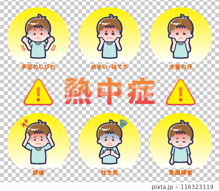 A boy complaining of various heatstroke symptoms A boy complaining of various heatstroke symptoms 116323119