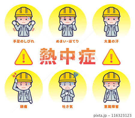 さまざまな熱中症症状を訴える作業着を着た男性 さまざまな熱中症症状を訴える作業着を着た男性 116323123