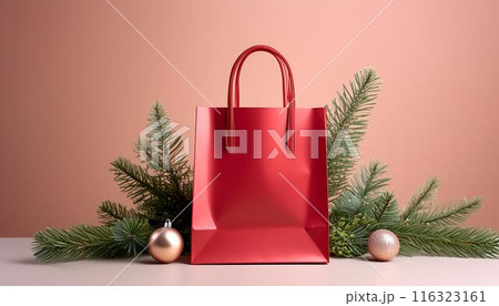 red shopping bag with empty space, pich buzz studio background, sale and discount concept photo for christmas new year season red shopping bag with empty space, pich buzz studio background, sale and discount concept photo for christmas new year season 116323161