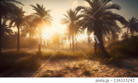 Misty morning landscape with palm tree, sunbeam, and tranquil scene in nature. Misty morning landscape with palm tree, sunbeam, and tranquil scene in nature. 116323247