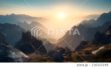 Untouched nature, misty forest, tranquil valley: a captivating sunrise over the majestic mountain range in natures beauty. 116323249