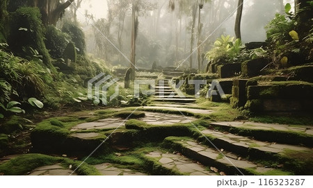 An ancient path into the deep jungle or ruin filled with green moss and plant. An ancient path into the deep jungle or ruin filled with green moss and plant. 116323287
