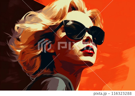 Portrait of a beautiful fashionable woman with a hairstyle and sunglasses, on a red color background. Illustrative poster in style of the 1960s 116323288