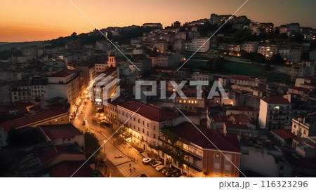 Nighttime Cityscape: Illuminated Residential District in the Evening Sky 116323296