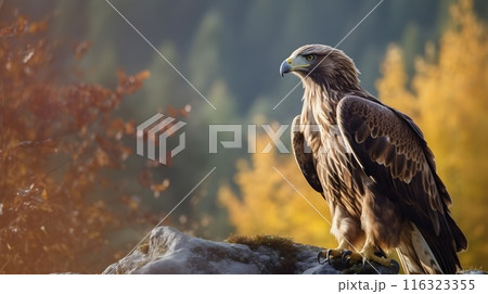 Golden eagle Aquila chrysaetos standing in the rock high ground with nature background. Golden eagle Aquila chrysaetos standing in the rock high ground with nature background. 116323355