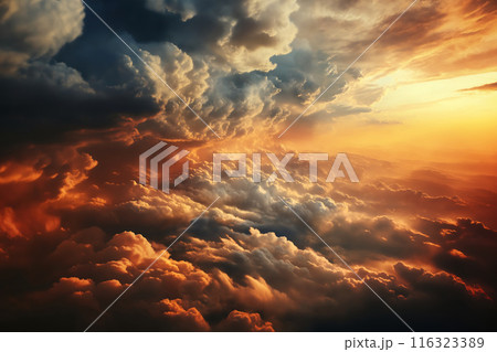 beautiful dark sunset sky with cumulus clouds aerial view for abstract background 116323389