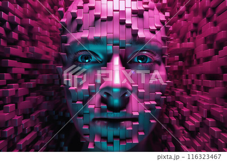 woman's face with 3D cubes and particles in space as symbol of augmented reality and computer technologies of future, close-up portrait, concept of cybernetics, biomechanics and robotics 116323467