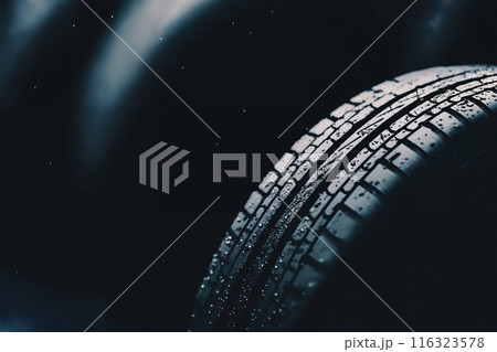 new car tyre closeup on a dark background, studio shoot, road safety concept new car tyre closeup on a dark background, studio shoot, road safety concept 116323578