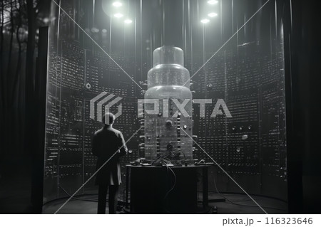 An employee operates an analog mechanical fantasy control panel in secret laboratory, industry and science fiction in style of retro futurism, in style of black and white photo reportage 116323646
