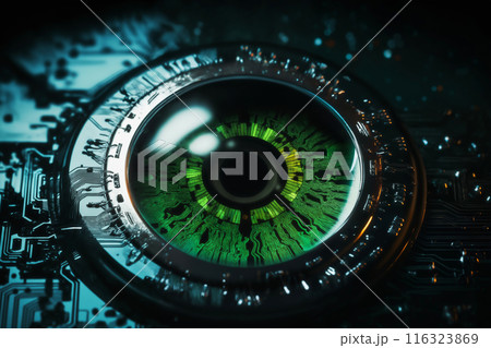 artificial eye closeup, augmented cyber reality and digital vision of the future and information processing artificial eye closeup, augmented cyber reality and digital vision of the future and information processing 116323869