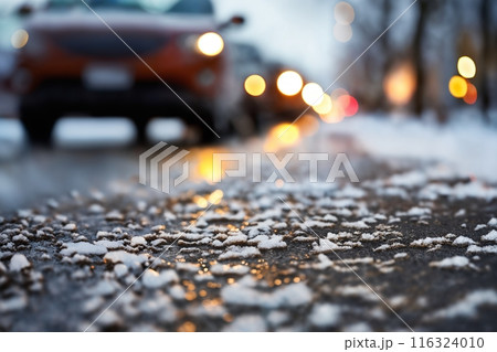 cars on the background of a winter snow-covered road with ice, the concept of traffic safety on a slippery road 116324010