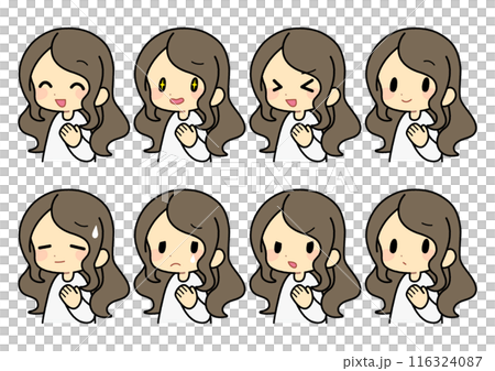 Set of facial expressions for people with wavy long hair Set of facial expressions for people with wavy long hair 116324087