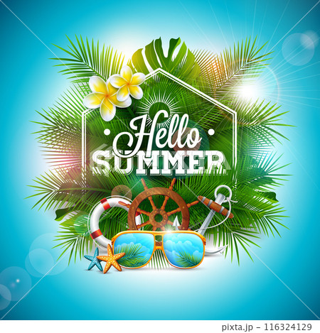 Hello Summer Illustration with Beach Holiday Elements, Flower and Tropical Palm Leaves on Ocean Blue Background. Vector Vacation Design Template with with Typography Letter for Banner, Flyer 116324129