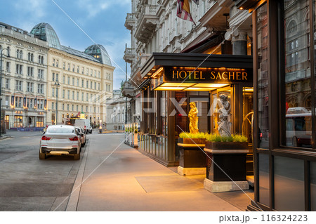 Vienna, Austria, August 18, 2022. Iconic image with the entrance of the world-famous Sacher Hotel for its chocolate cake. Nobody. 116324223