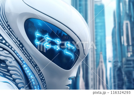 gynoid, a humanoid female android hybrid robot with a female face in a plastic helmet on the background of a futuristic city street, robotics concept 116324293