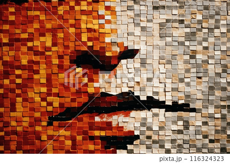 portrait of a human face made of a mosaic of square shapes and cubes as a background 116324323