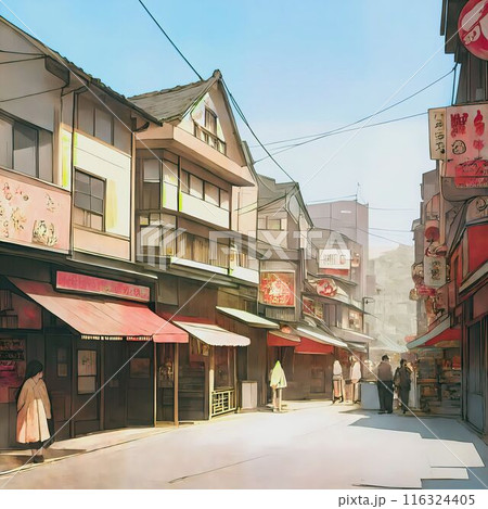 昭和風街並み　レトロな街並みイメージ　アニメ風　田舎　地方　お店　商店街　60・70年代　AI生成 116324405