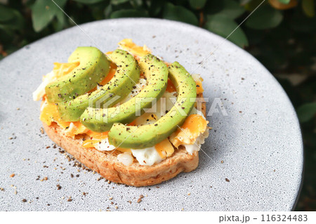 bread with egg and avocado topping 116324483
