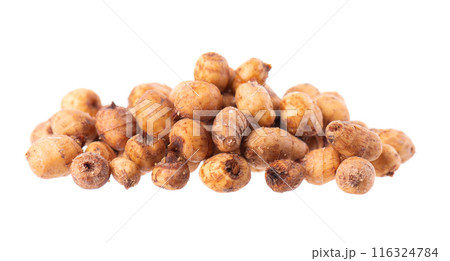 Tiger nuts isolated on white background. Pile of chufa nuts, earth almond or chufa sedge. Cyperus esculentus. 116324784
