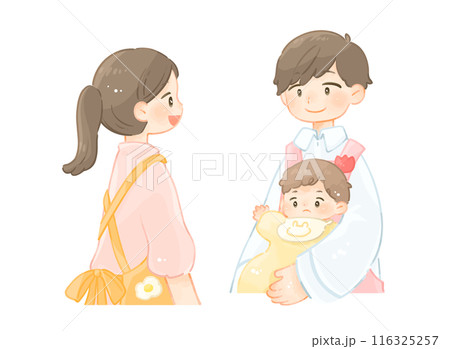 女性保育士と赤ちゃんを抱っこする男性保育士 116325257