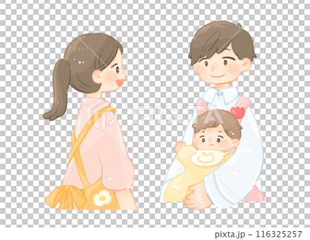女性保育士と赤ちゃんを抱っこする男性保育士 116325257