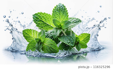 peppermint leaves on white background with splashes of water 116325296