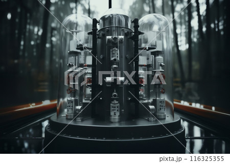 retro analog devices for industry and scientific research and measurements, lamp electronics, a secret laboratory in a remote location, retro futurism concept 116325355