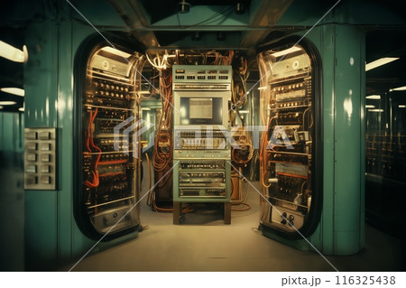industrial data center, retro analog devices for industry and scientific research and measurements, in interior of laboratory, concept of retro futurism, lamp electronics 116325438