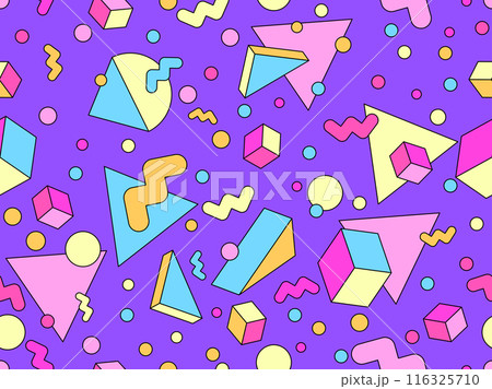 Geometric seamless pattern in 80s style. Colorful geometric pattern with isometric geometric 3D shapes. Design of promotional products, wrapping paper and printing. Vector illustration 116325710
