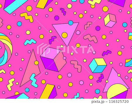 Geometric seamless pattern in 80s style. Colorful geometric pattern with isometric geometric 3D shapes. Design of promotional products, wrapping paper and printing. Vector illustration Geometric seamless pattern in 80s style. Colorful geometric pattern with isometric geometric 3D shapes. Design of promotional products, wrapping paper and printing. Vector illustration 116325720