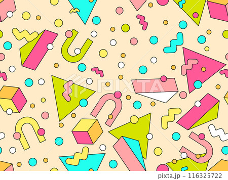 Geometric seamless pattern in 80s style. Colorful geometric pattern with isometric geometric 3D shapes. Design of promotional products, wrapping paper and printing. Vector illustration 116325722
