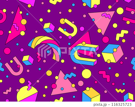 Geometric seamless pattern in 80s style. Colorful geometric pattern with isometric geometric 3D shapes. Design of promotional products, wrapping paper and printing. Vector illustration 116325723