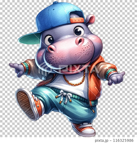 A hippo in baggy shorts and a basketball jersey, doing the robot dance. watercolor illustration A hippo in baggy shorts and a basketball jersey, doing the robot dance. watercolor illustration 116325986
