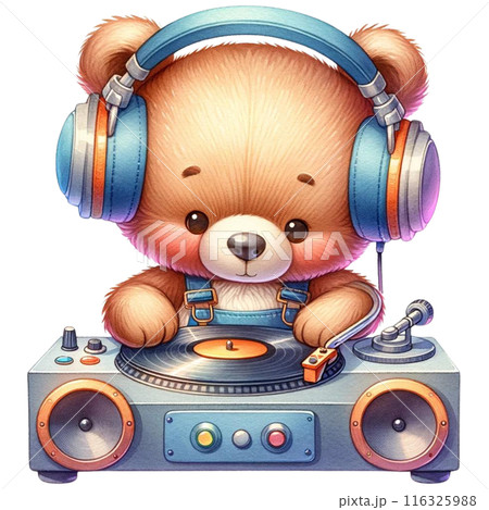 A bear with oversized headphones DJing on turntables. watercolor illustration A bear with oversized headphones DJing on turntables. watercolor illustration 116325988