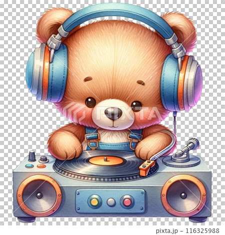 A bear with oversized headphones DJing on turntables. watercolor illustration 116325988