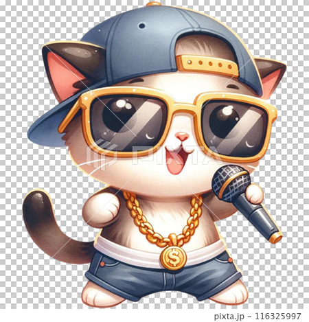 A Hiphop cat wearing sunglasses and a gold chain, rapping into a microphone watercolor illustration A Hiphop cat wearing sunglasses and a gold chain, rapping into a microphone watercolor illustration 116325997
