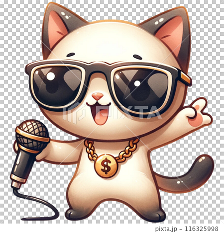 A Hiphop cat wearing sunglasses and a gold chain, rapping into a microphone watercolor illustration A Hiphop cat wearing sunglasses and a gold chain, rapping into a microphone watercolor illustration 116325998
