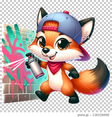 A Hiphop fox with a graffiti spray can, tagging a wall. watercolor illustration 116326000