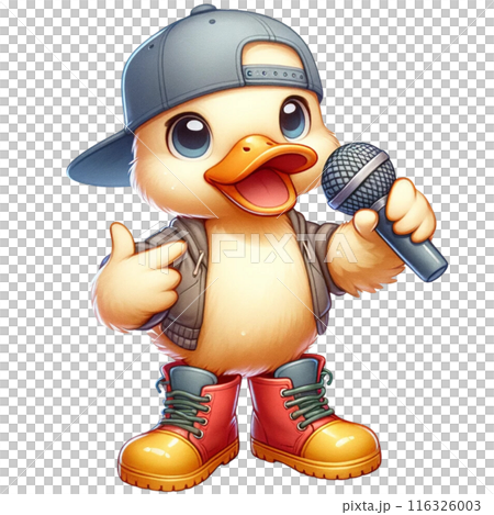 Watercolor illustration of A Hiphop duck in rubber boots and a flat brimmed cap, holding a microphone. Watercolor illustration of A Hiphop duck in rubber boots and a flat brimmed cap, holding a microphone. 116326003