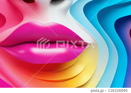 human lips with abstract curved lines in red and blue and yellow colors as background, 3d digital art style 116326095