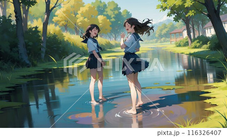 水辺で遊ぶ女子高生 116326407