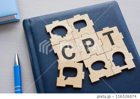 Puzzle pieces with abbreviation CPT Cognitive processing therapy. 116326874