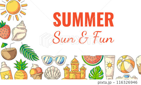 Summer colorful horizontal banner, beach accessories icons. Side border frame, copy space, isolated on white. Summertime, sun and fun. For poster, flyer, card, invitation, postcard Summer colorful horizontal banner, beach accessories icons. Side border frame, copy space, isolated on white. Summertime, sun and fun. For poster, flyer, card, invitation, postcard 116326946