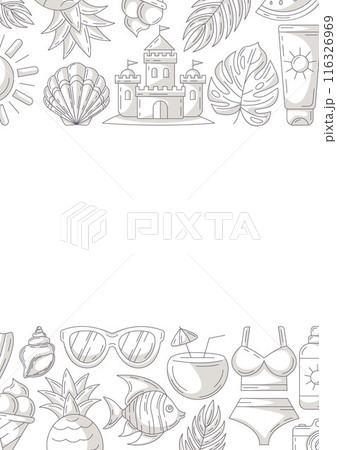 Summer minimalist vertical a4 poster, beach elements and accessories icons, monochrome gray. Upper and bottom border frame, copy space, isolated on white. For card, banner, invitation, social media 116326969