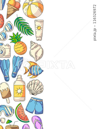 Summer colorful vertical a4 poster, beach elements and accessories icons. Left side border frame, copy space, isolated on white. For card, flyer, banner, invitation, social media, planner, postcard Summer colorful vertical a4 poster, beach elements and accessories icons. Left side border frame, copy space, isolated on white. For card, flyer, banner, invitation, social media, planner, postcard 116326972